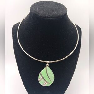 1946 Co Green Iridescent Enamel and Rhinestone Pendant Choker Necklace